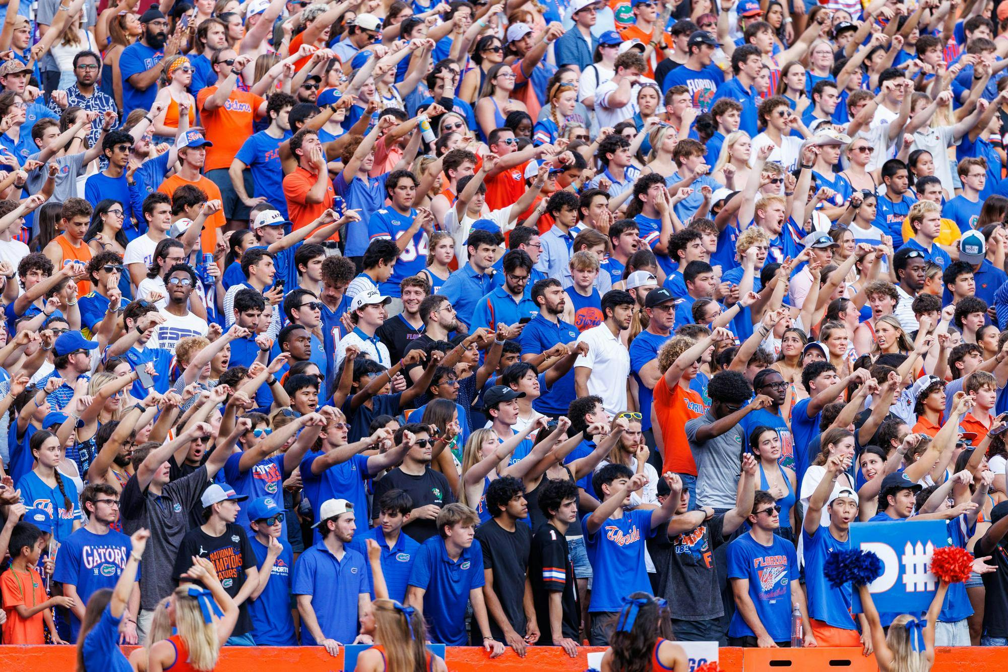 Fans hold up their hands as Florida attempts a third down  during the first half of an NCAA football game against Campbell, Saturday, Sept. 12, 2026, in Gainesville, Fla.