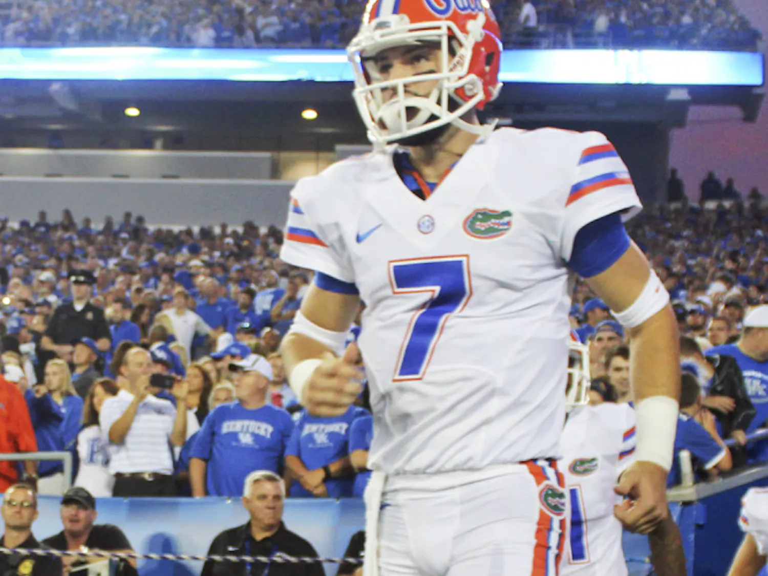 Will Grier runs onto the field during Florida's 14-9 win against Kentucky on Sept. 19 at Commonwealth Stadium in Lexington, Kentucky. West Virginia announced on April 6, 2016, that Grier was transferring to WVU.
