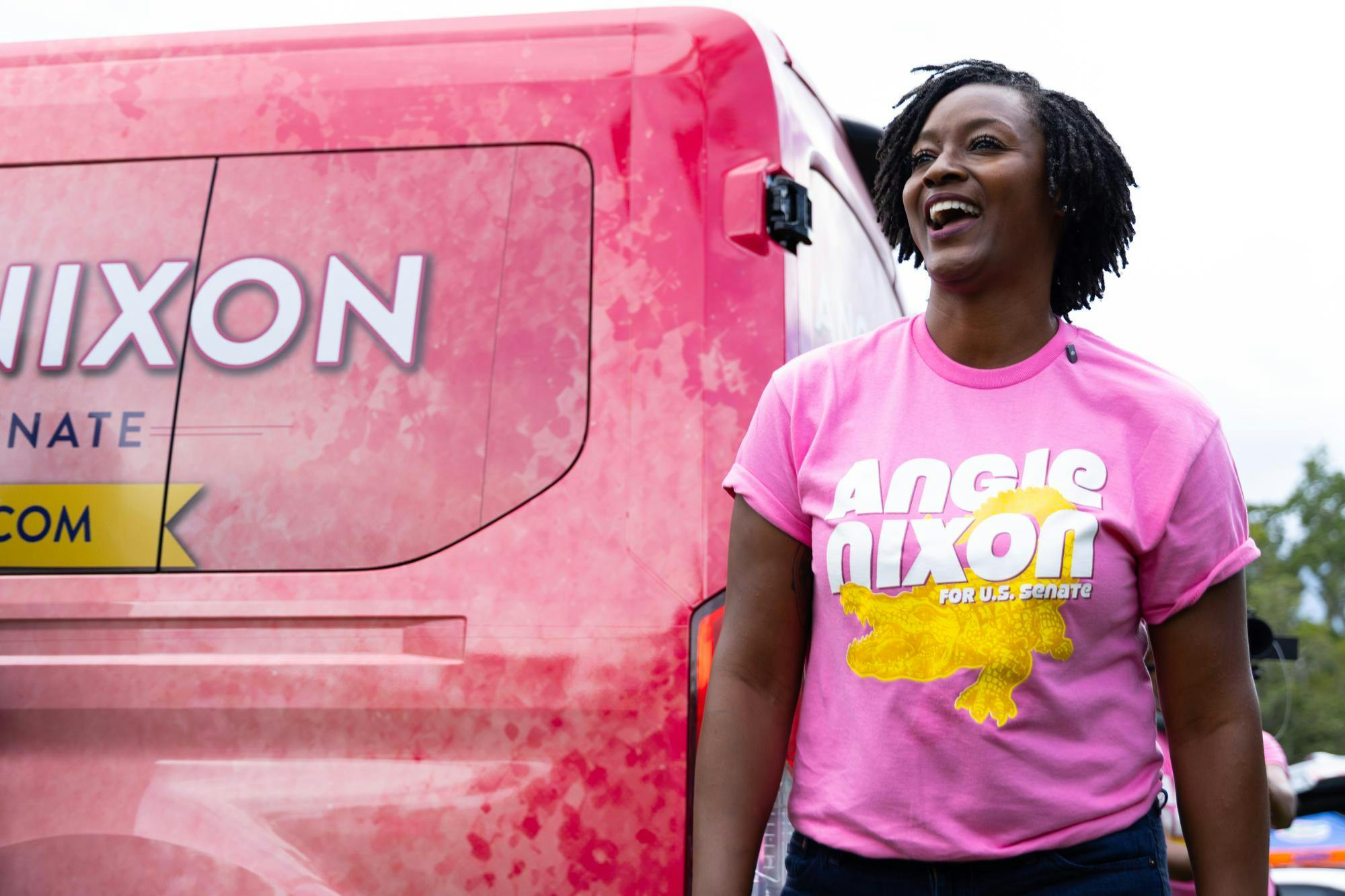 Angie Nixon walks out of her van and towards a crowd of attendees during her campaigning event hosted by the UF College Democrats, Saturday, Sept. 5, 2026, in front of Fraternity Row in Gainesville, Fla.