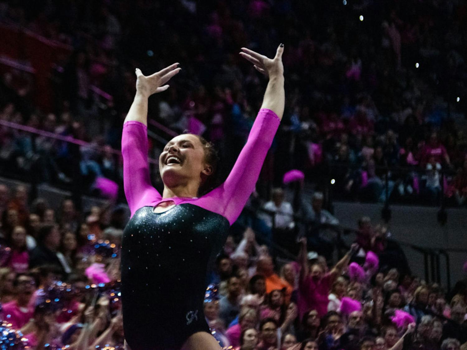 Savannah Schoenherr sticks the landing during her floor routine against Alabama on Feb. 21, 2020. The junior scored a 9.825 on the vault and on bars in Florida’s victory Friday night.