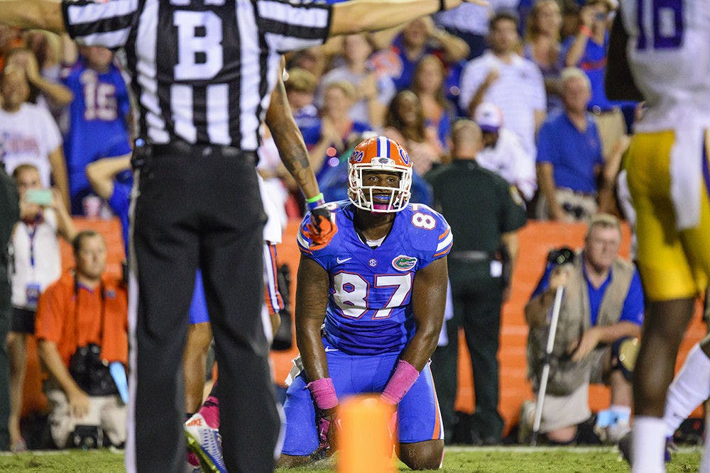 <p>Tevin Westbrook reacts after dropping the ball in the end zone during Florida's 30-27 loss to LSU on Saturday at Ben Hill Griffin Stadium.</p>
