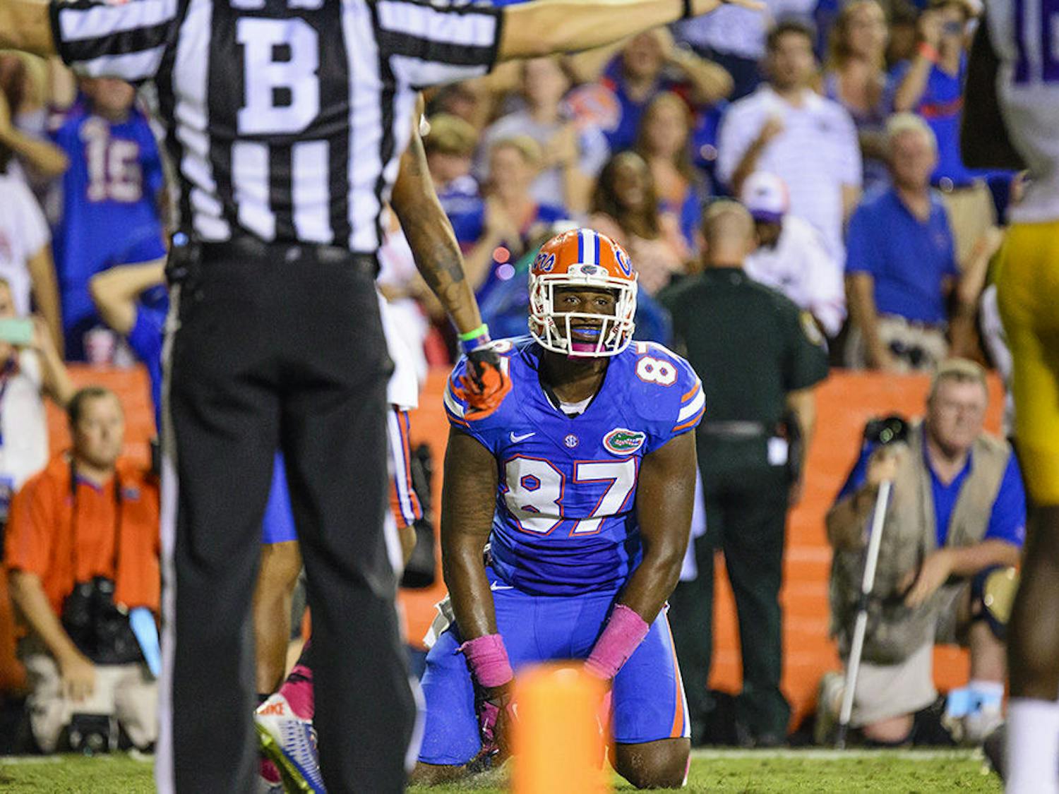 Tevin Westbrook reacts after dropping the ball in the end zone during Florida's 30-27 loss to LSU on Saturday at Ben Hill Griffin Stadium.