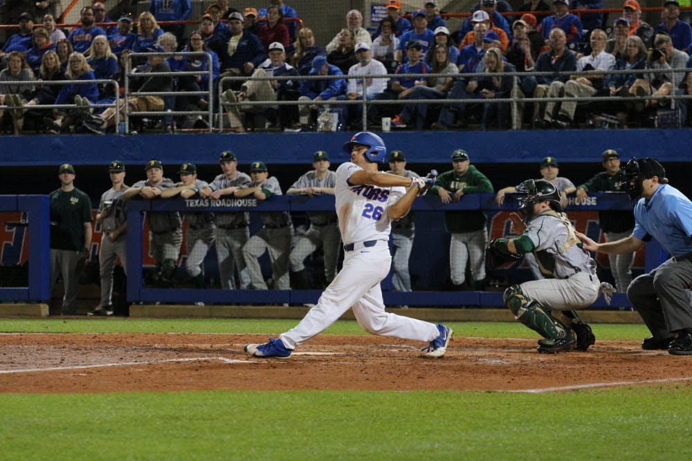 <p>Center fielder Nick Horvath hit a three-run homer during Florida's win over FGCU Tuesday night. </p>