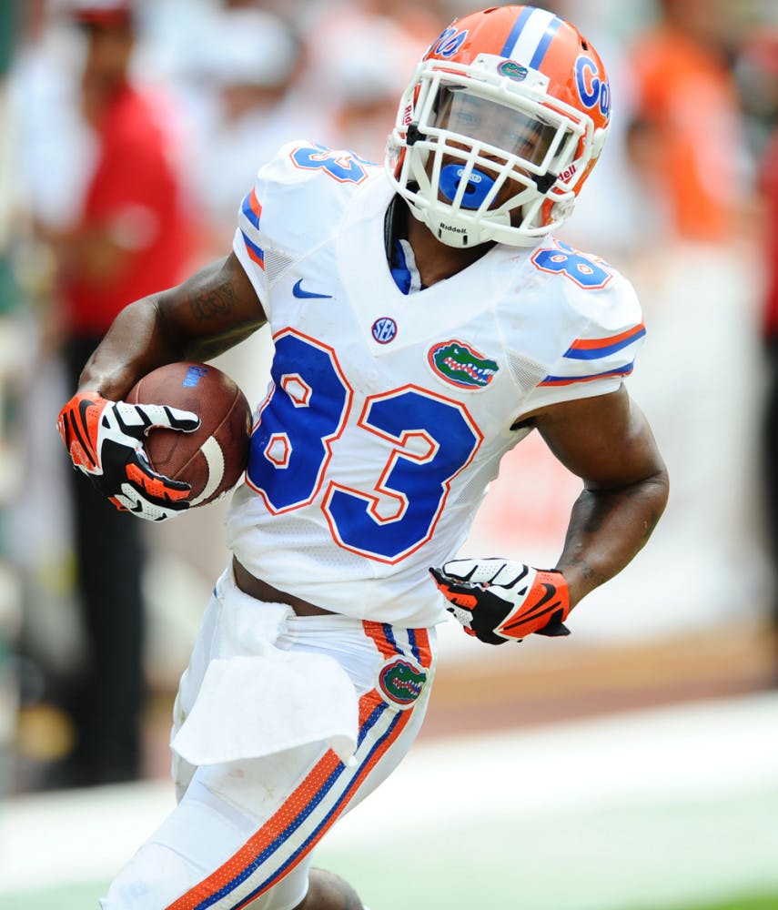 Solomon Patton runs down the field after catching a pass during Florida’s 21-16 loss to Miami on Sept. 7 in Sun Life Stadium.