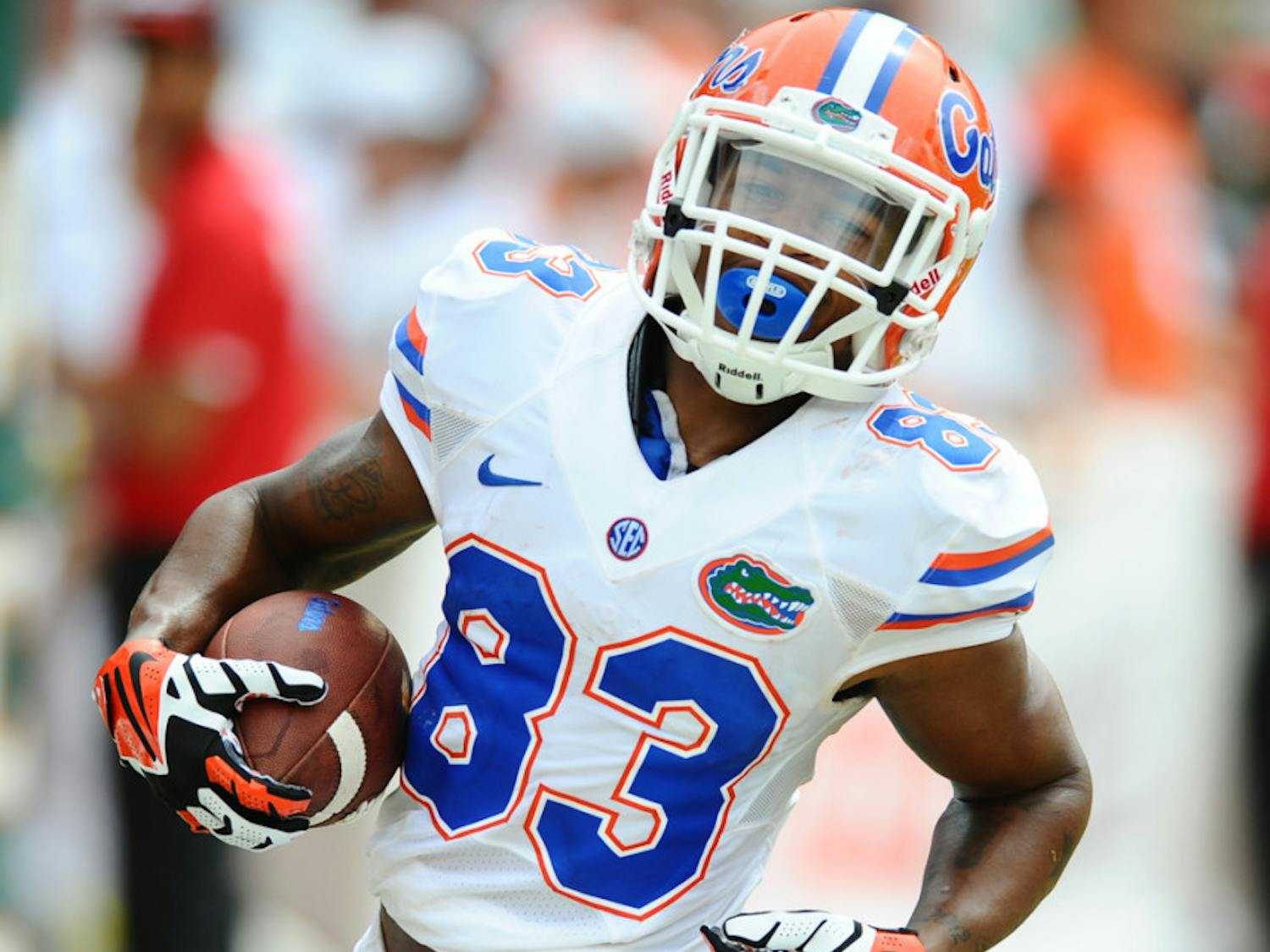 Solomon Patton runs down the field after catching a pass during Florida’s 21-16 loss to Miami on Sept. 7 in Sun Life Stadium.