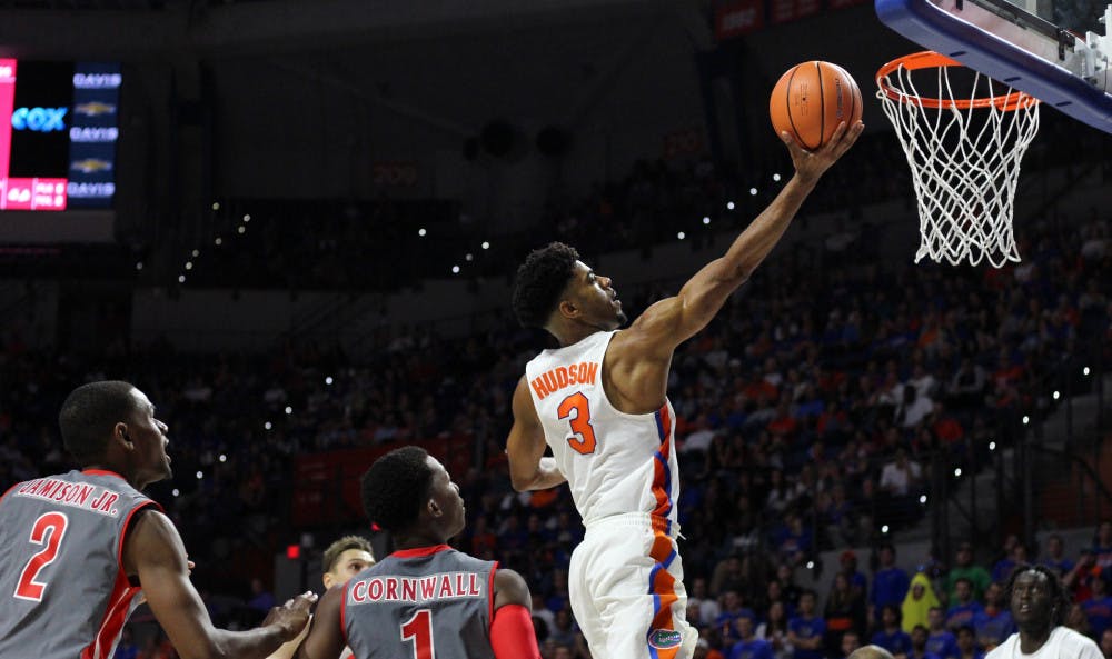 <p>Gators guard Jalen Hudson scored 16 points in Florida's season-opening win against Gardner-Webb on Monday in the O'Connell Center. </p>