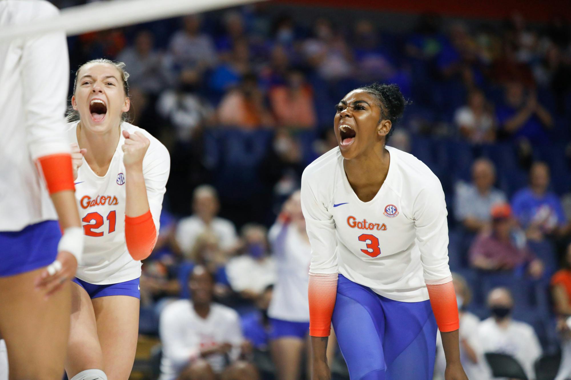 Florida's T'ara Ceasar and Marlie Monserez celebrate a point in Florida's game against Mississippi State on Sept. 24.