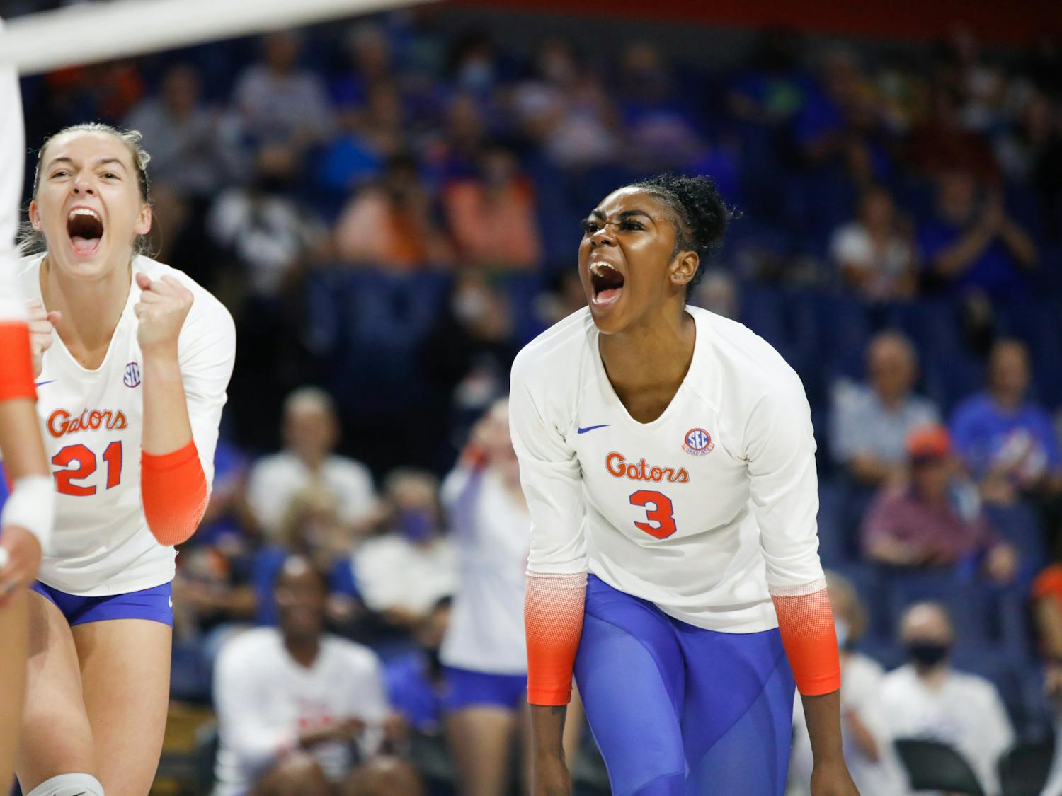 Florida's T'ara Ceasar and Marlie Monserez celebrate a point in Florida's game against Mississippi State on Sept. 24.