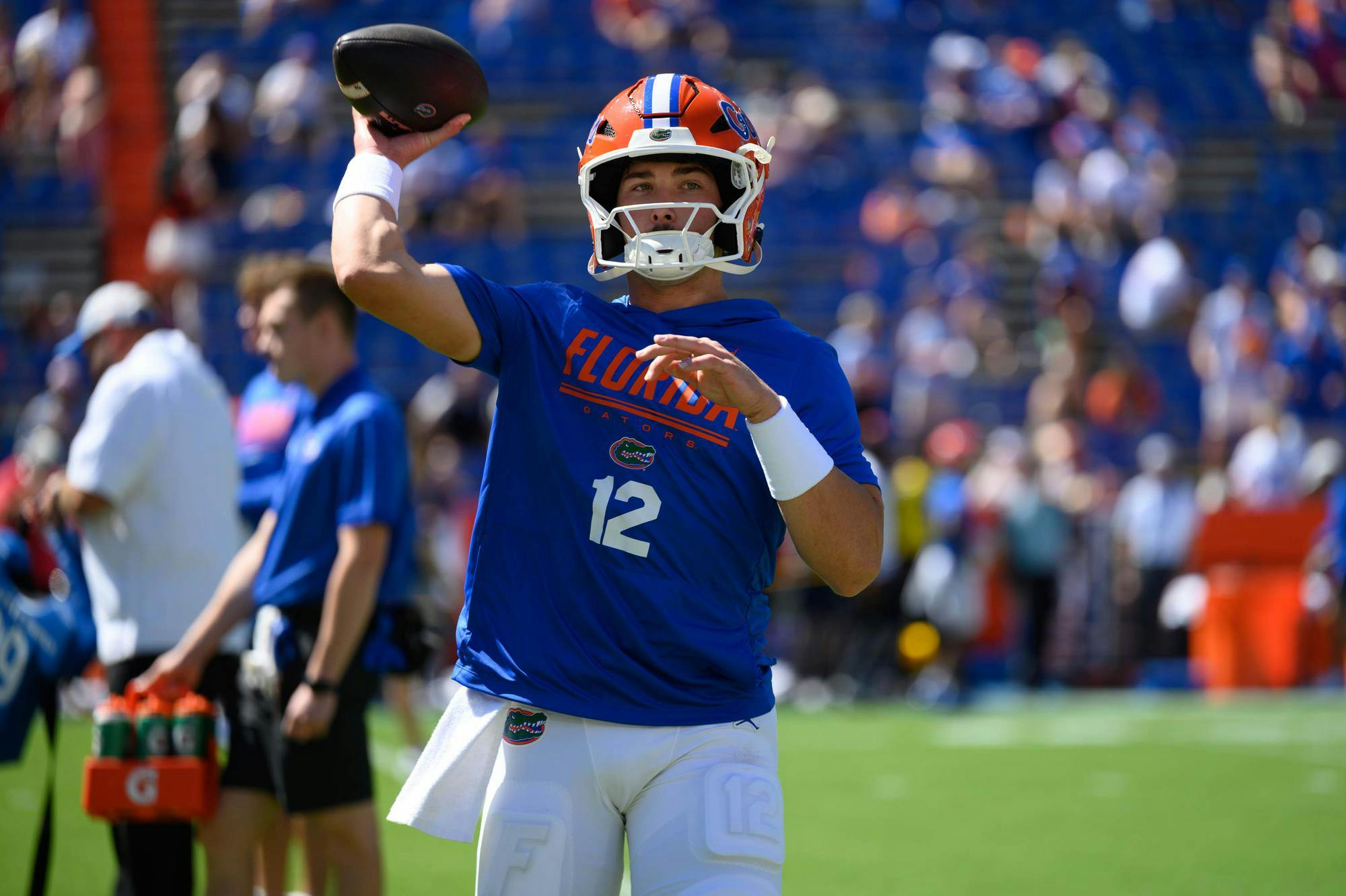Florida quarterback Aaron Philo (12) warms up before an NCAA college football game against Ole Miss, Saturday, Sept. 26, 2026, in Gainesville, Fla.