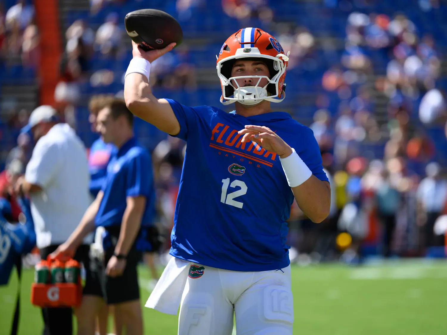 Florida quarterback Aaron Philo (12) warms up before an NCAA college football game against Ole Miss, Saturday, Sept. 26, 2026, in Gainesville, Fla.