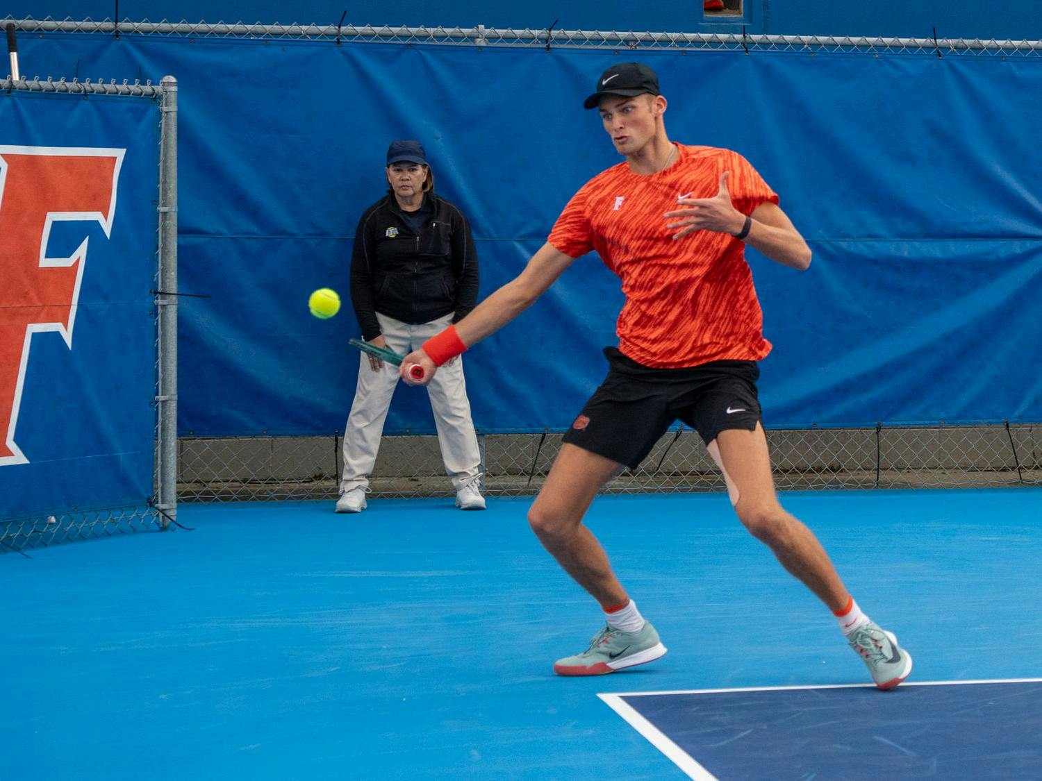 Florida’s Henry Jefferson hits the ball during an NCAA men's doubles tennis match against Florida State in Gainesville, Fla., Friday, Jan 30, 2026.