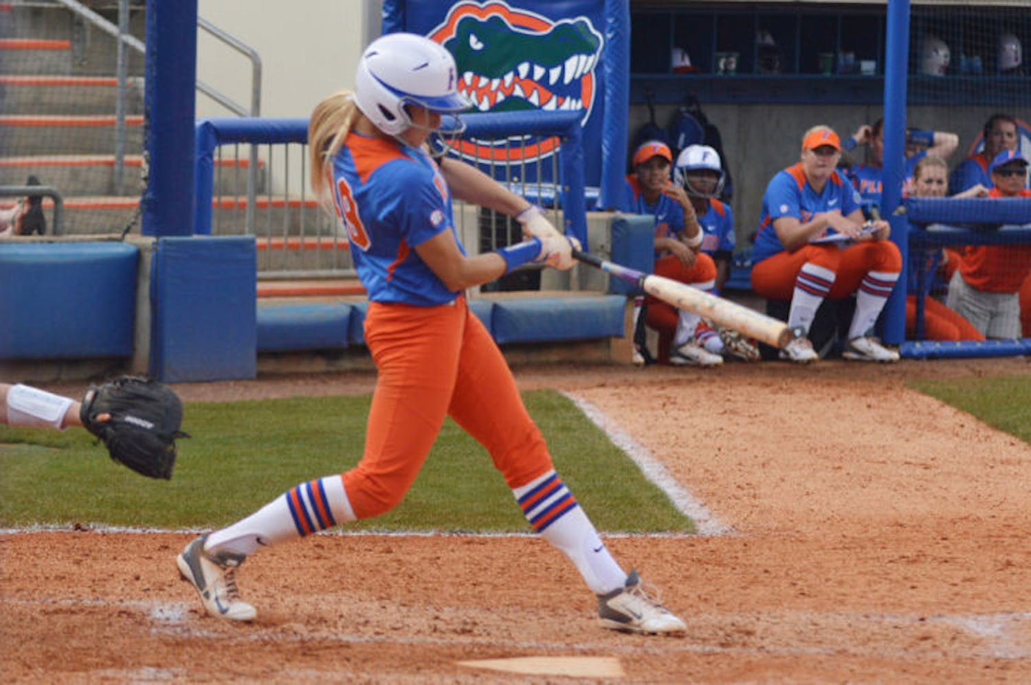 Taylor Schwarz bats during Florida’s 8-0 win against Indiana on Feb. 22 at Katie Seashole Pressly Stadium. Schwarz is batting .281 and has six home runs in 45 games this season.