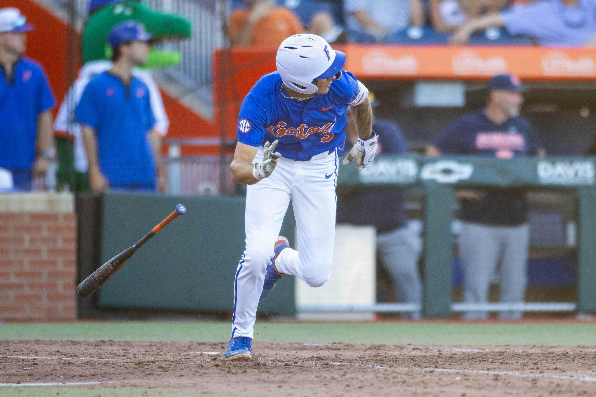 Florida outfielder Kyle Jones (3) drops his bat and runs to first base during an NCAA college baseball game against Auburn at Condron Family Ballpark in Gainesville, Fla., Friday, April 17, 2026.