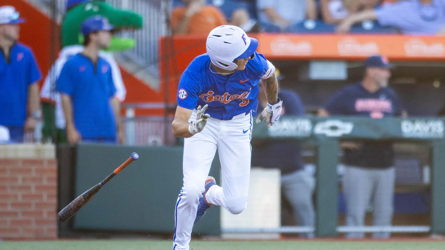 Florida outfielder Kyle Jones (3) drops his bat and runs to first base during an NCAA college baseball game against Auburn at Condron Family Ballpark in Gainesville, Fla., Friday, April 17, 2026.