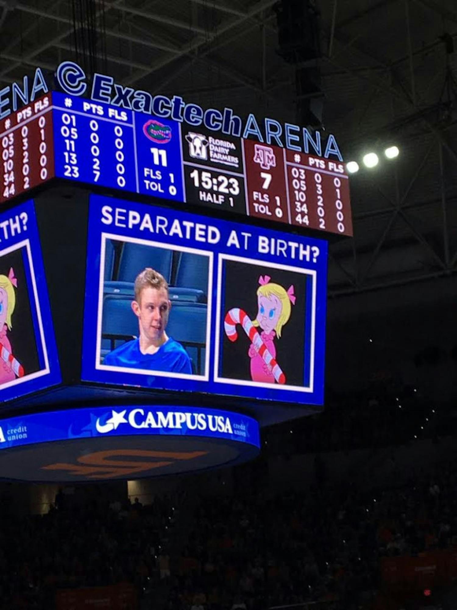 UF guard Canyon Barry was featured on the jumbotron in the O'Connell Center during Florida's 71-62 win against Texas A&amp;M on Feb. 11, 2017.