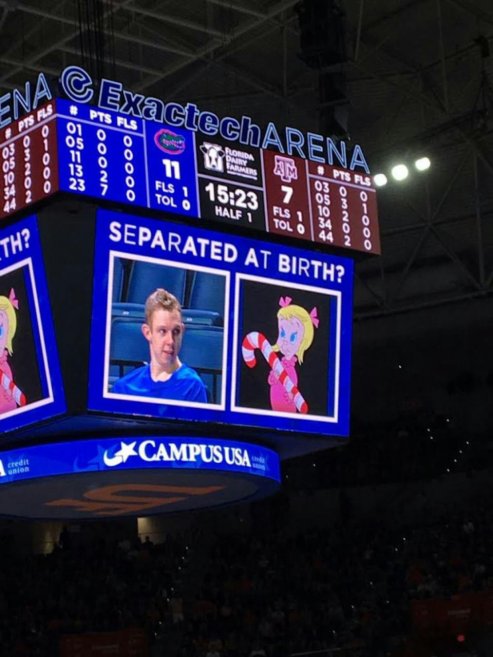 <p>UF guard Canyon Barry was featured on the jumbotron in the O'Connell Center during Florida's 71-62 win against Texas A&amp;M on Feb. 11, 2017.</p>
