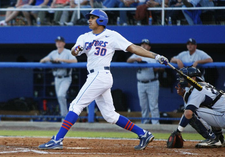 Senior Vickash Ramjit bats during Florida’s 8-2 win against Georgia Southern on Apr. 17, 2012, at McKethan Stadium. Ramjit, who has played both first base and outfield during his college career, will serve as a team captain for the Gators in 2013.
