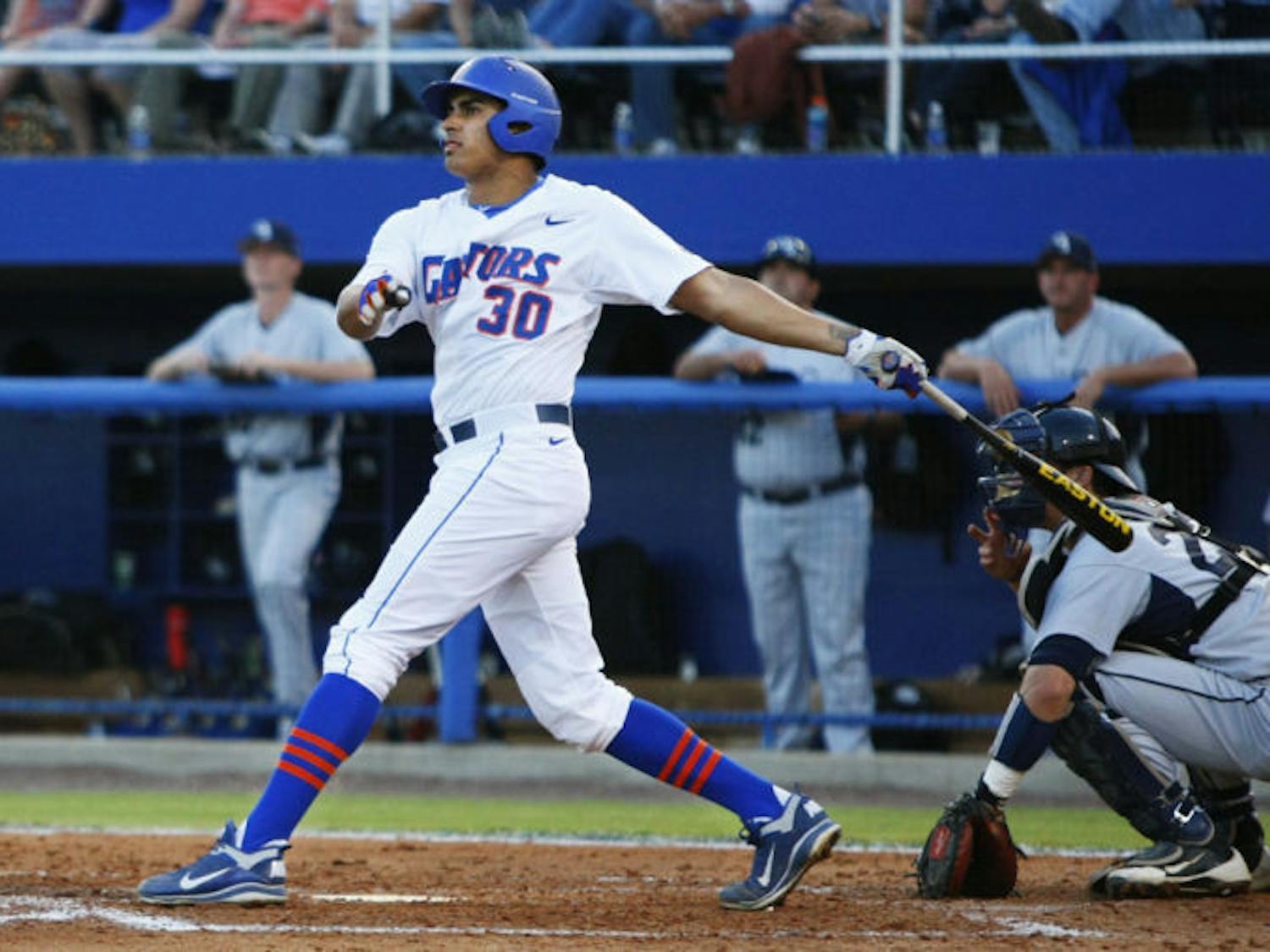 Senior Vickash Ramjit bats during Florida’s 8-2 win against Georgia Southern on Apr. 17, 2012, at McKethan Stadium. Ramjit, who has played both first base and outfield during his college career, will serve as a team captain for the Gators in 2013.

