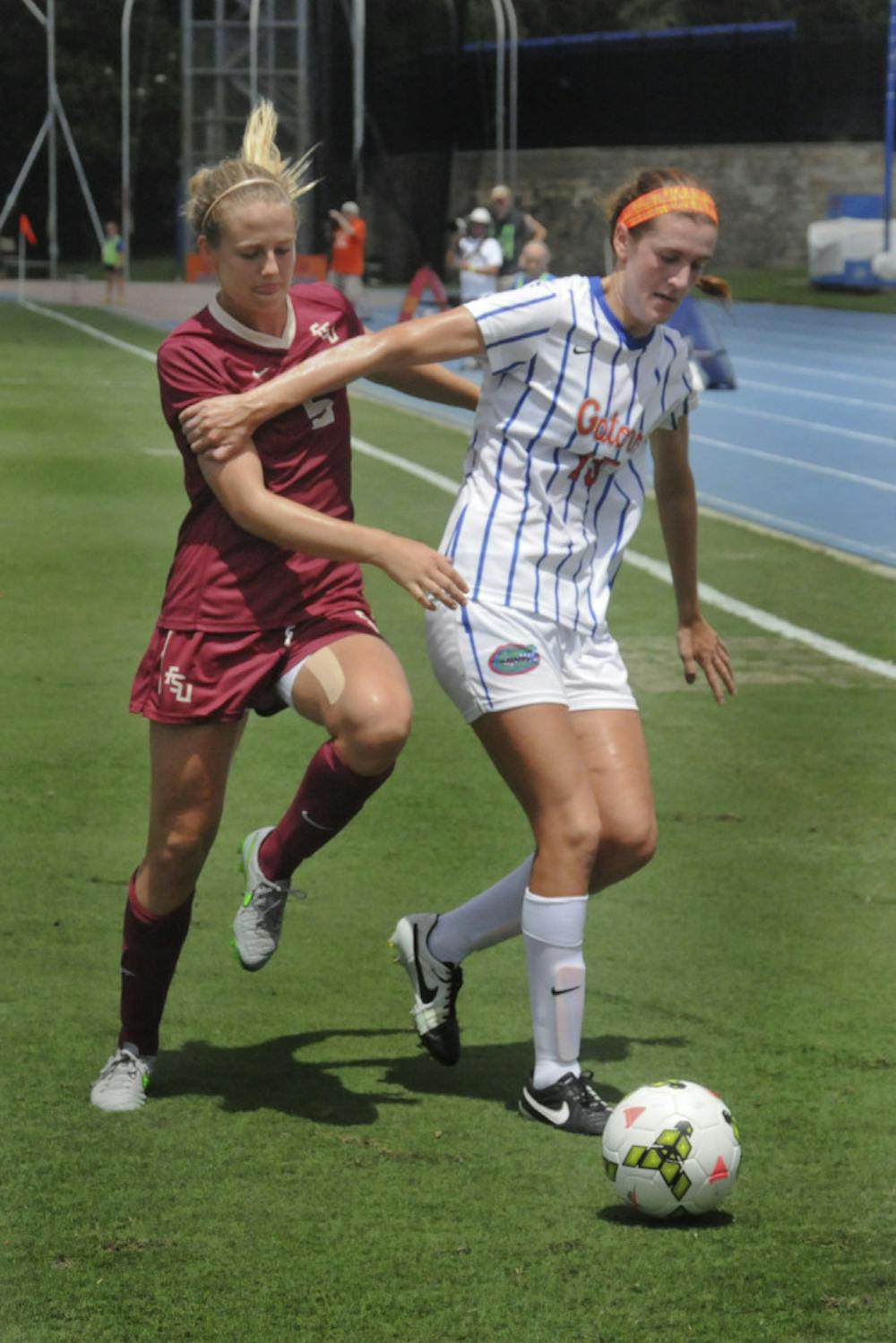 <p>UF's Sarah Troccoli dribbles during Florida's 3-2 win against Florida State on Aug. 30, 2015, at James G. Pressly Stadium.</p>