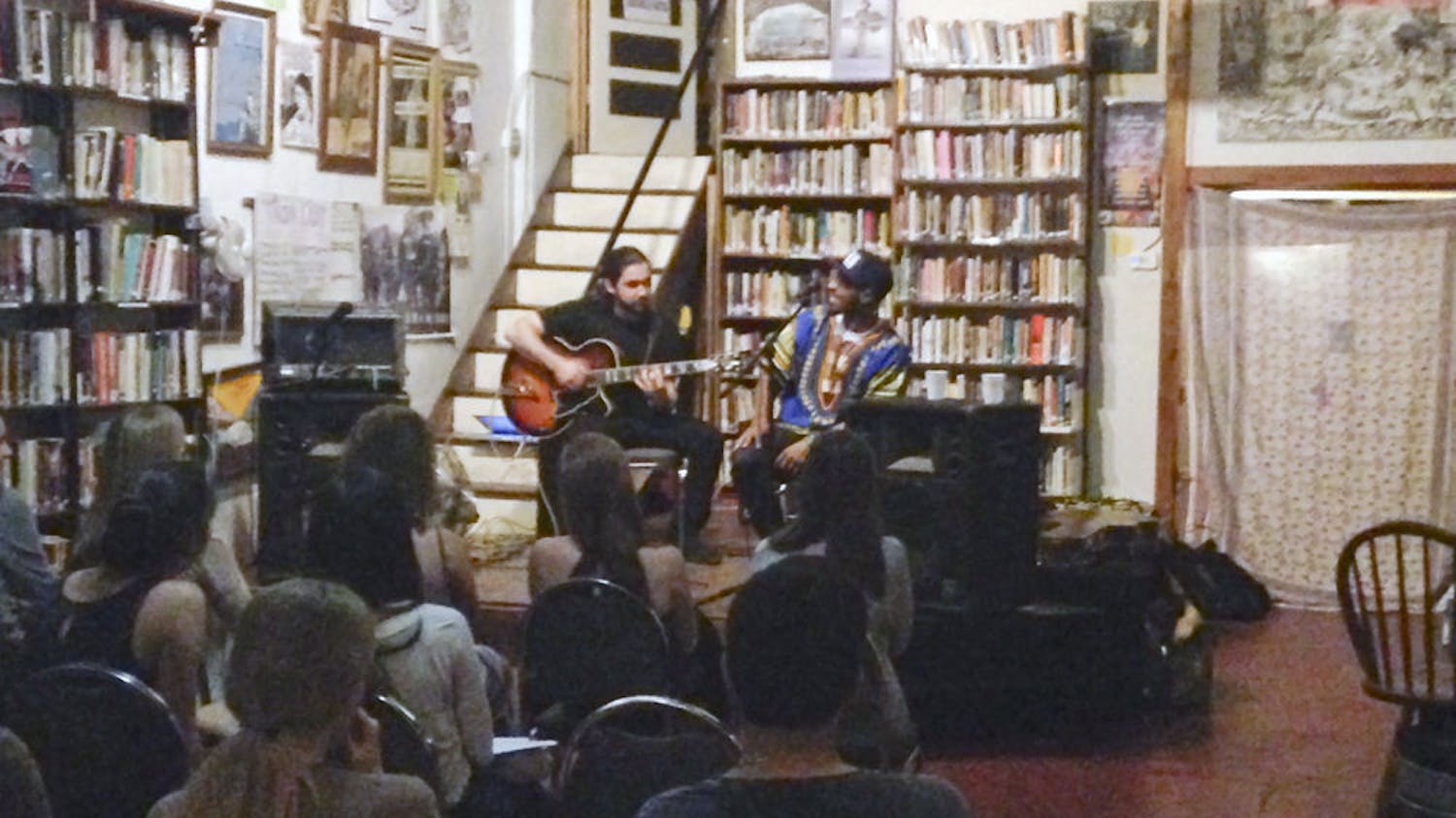 Terry Wissel (left), known by his stage name name T. Wissel, performs alongside California-based artist Courtney Linsey, known by his stage name SuNWhoa Love, in the Civic Media Center on Saturday night. The pair performed for To Write Love On Her Arms’ annual benefit “Living Stories,” concert.