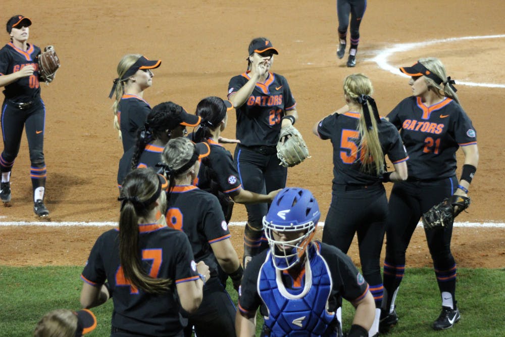 Florida's defense comes off the field during UF's 9-3 win over Northwestern State on Feb. 17 at Katie Seashole Pressly Stadium.