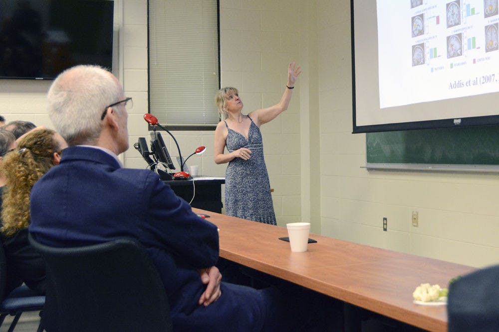 Nicola Clayton, a professor of comparative cognition at the University of Cambridge, presents her lecture titled “The Evolution of Shopping Lists,” to a packed audience in Bertram Hall on Tuesday afternoon. In her lecture, Clayton argued that humans are not the only organism capable of remembering the past to plan for the future.
