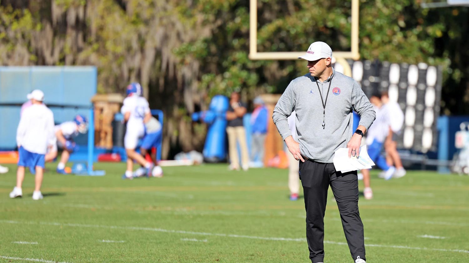 Florida football head coach Jon Sumrall watches the wide receivers during spring camp at the Heavener Football Training Center in Gainesville, Fla., on Tuesday, March 3, 2026.
