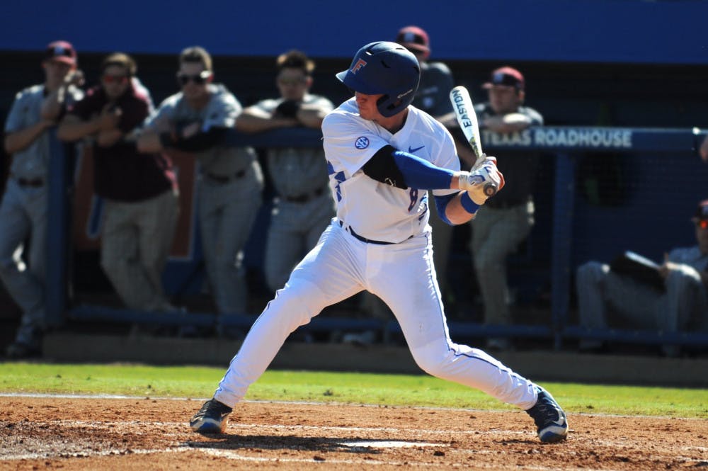 Deacon Liput bats during Florida's 2-1 loss to Mississippi State on April 10, 2016, at McKethan Stadium.