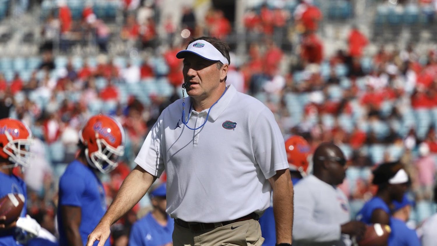 Florida football head coach Dan Mullen pictured on the field at TIAA Bank Field in Jacksonville on Oct. 30 before Florida played Georgia.