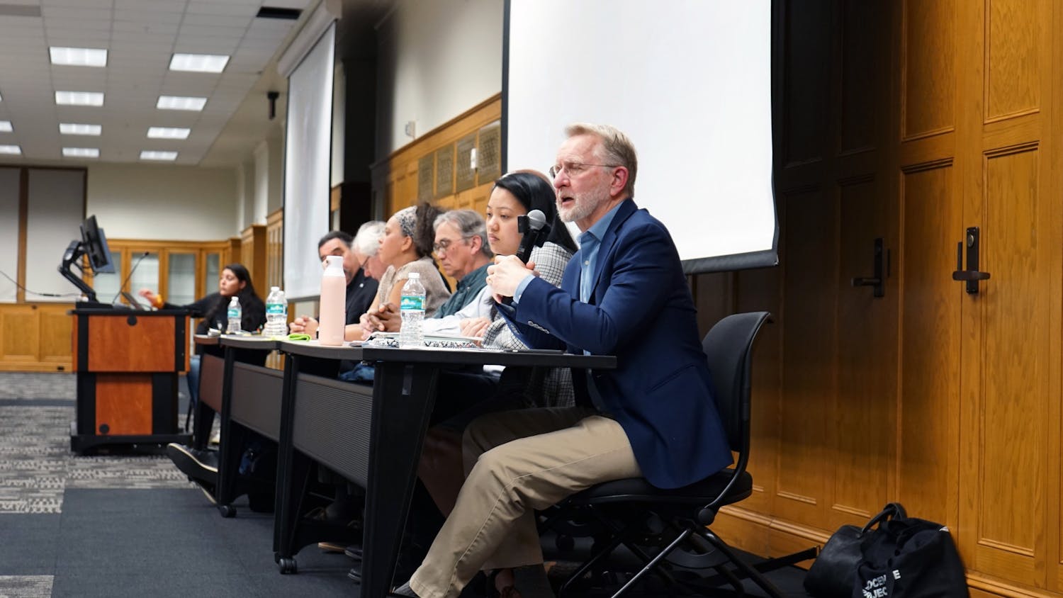 UF historian and task force member Carl Van Ness responds to a question from a student panel at a roundtable discussion on African American and Native American History at Smathers Library Tuesday, Jan. 17, 2023. 