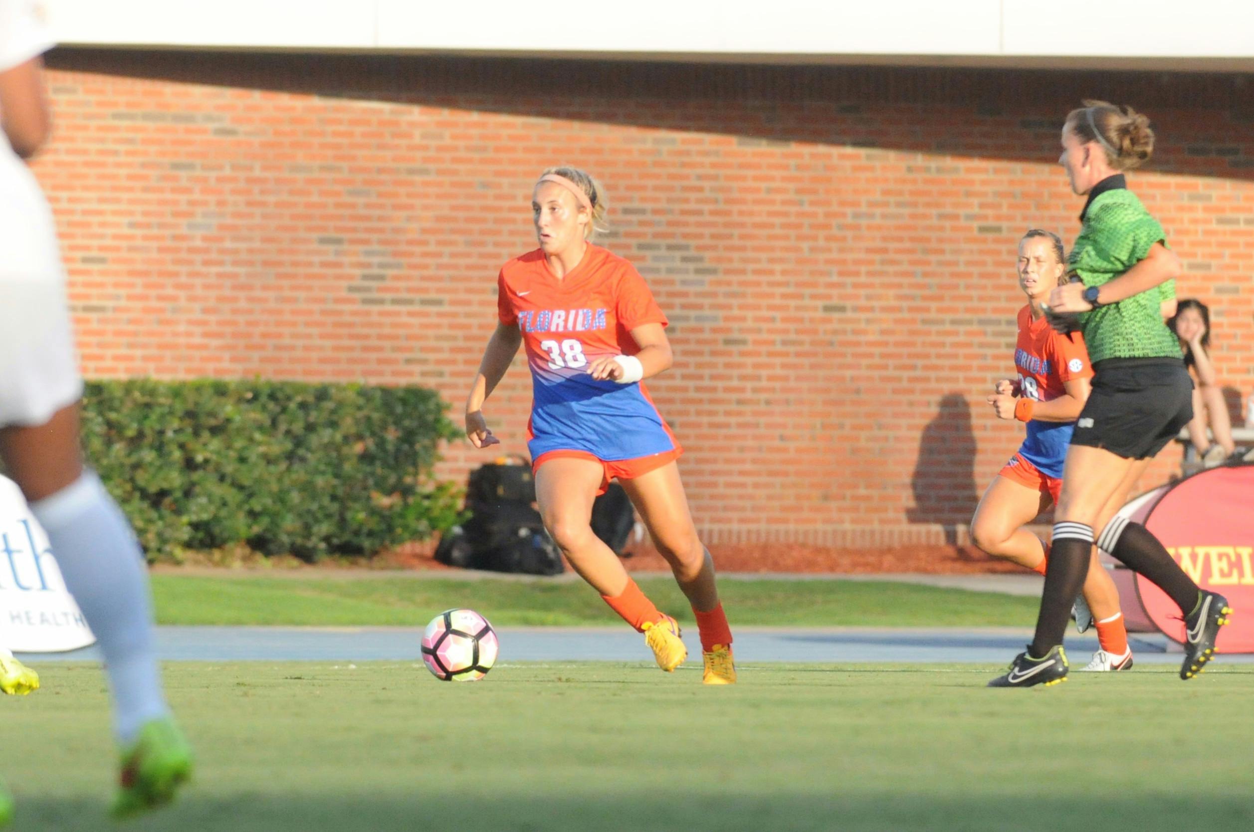 UF midfielder Gabby Seiler dribbles down the field during Florida's 5-2 win against Iowa State on Aug. 19, 2016, at James G. Pressly Stadium.