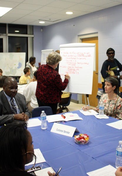 Community members discuss ways the city can improve at the Eastside Recreation Center on Monday evening. Concepts discussed will be presented to the City Commission for the next budget cycle.