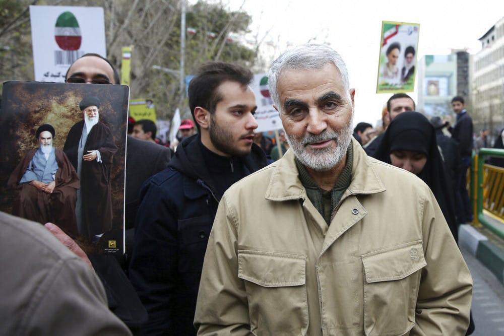 FILE - In this Thursday, Feb. 11, 2016, file photo, Qassem Soleimani, commander of Iran's Quds Force, attends an annual rally commemorating the anniversary of the 1979 Islamic revolution, in Tehran, Iran. Iraqi TV and three Iraqi officials said Friday, Jan. 3, 2020, that Gen. Qassem Soleimani, the head of Iran’s elite Quds Force, has been killed in an airstrike at Baghdad’s international airport. (AP Photo/Ebrahim Noroozi, File)