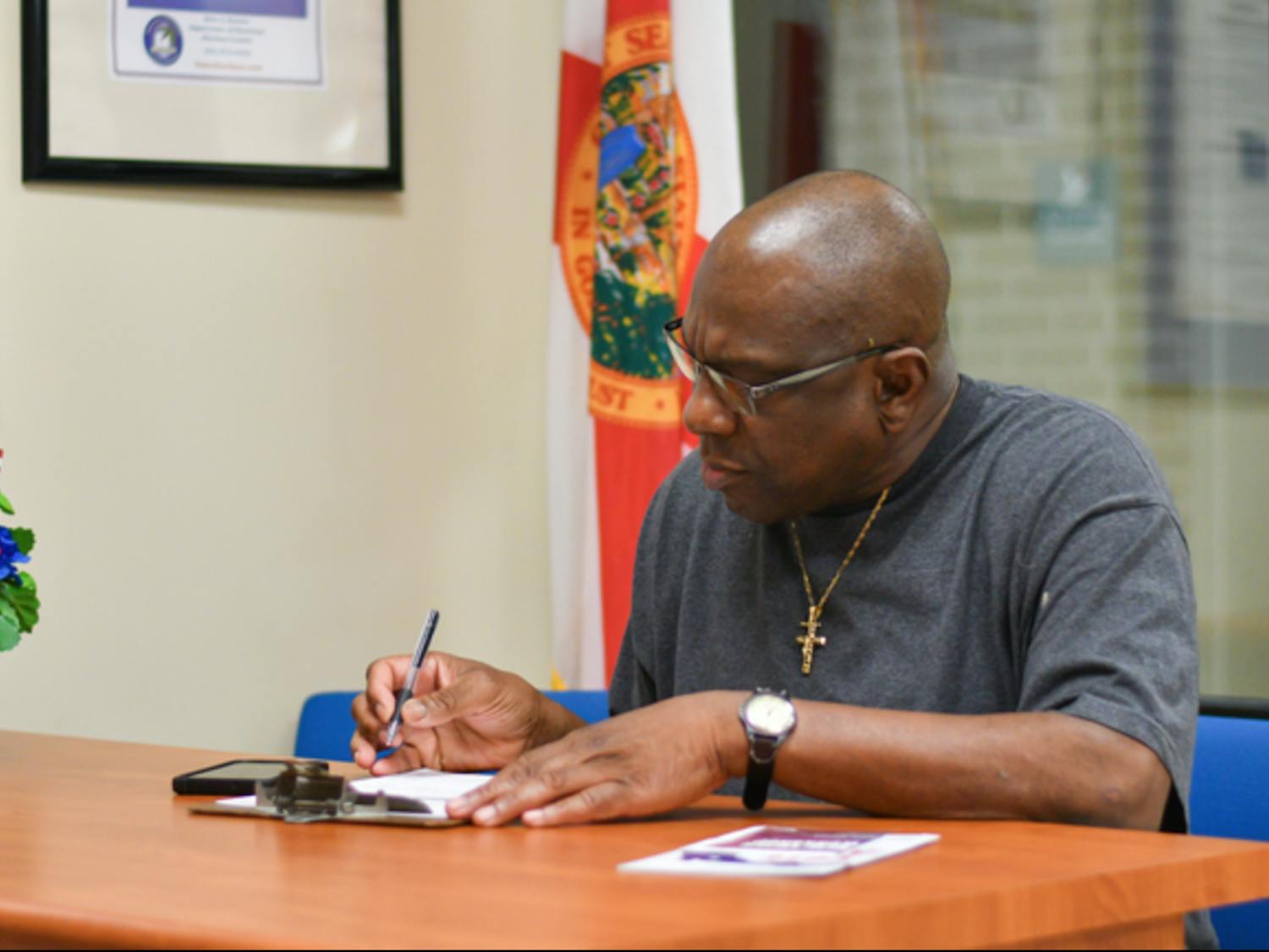 Harry Jones, a 61-year-old formerly incarcerated Alachua County resident, registers to vote Tuesday, Jan. 8, 2019, at the Alachua County Supervisor of Elections office. Jones, who has been out of prison for 13 years, had his right to vote restored after Amendment 4 passed in the 2018 midterm election. Tuesday was the first day Amendment 4 was put into effect. About 50 people registered to vote in Alachua County, said TJ Pyche, the elections office spokesperson.