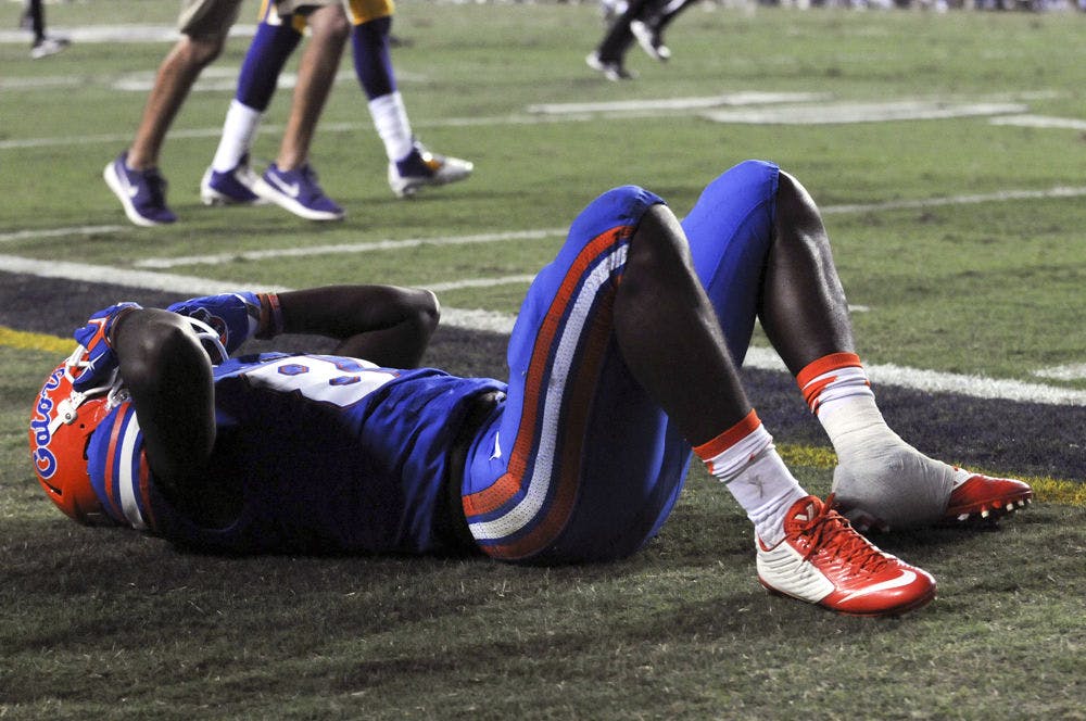 <p>UF wide receiver Antonio Callaway reacts after failing to catch a pass from quarterback Treon Harris (not pictured) as time expired in Florida's 35-28 loss to LSU on Oct. 17, 2015, at Tiger Stadium in Baton Rouge, Louisiana.</p>