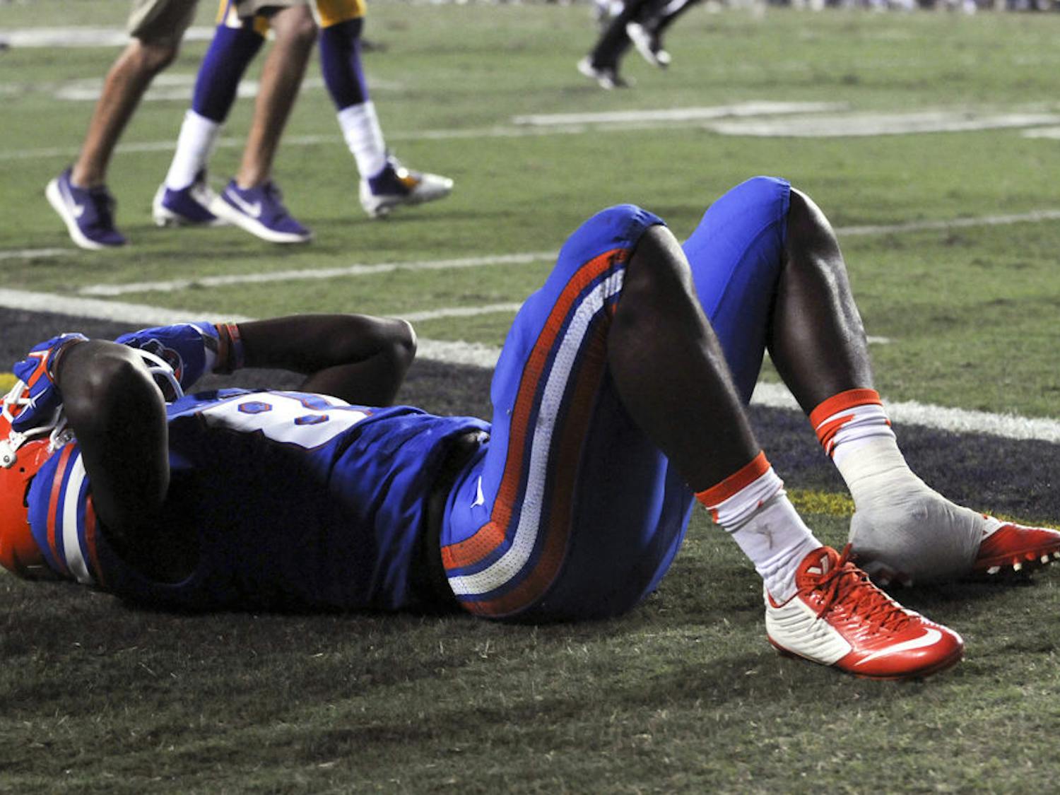 UF wide receiver Antonio Callaway reacts after failing to catch a pass from quarterback Treon Harris (not pictured) as time expired in Florida's 35-28 loss to LSU on Oct. 17, 2015, at Tiger Stadium in Baton Rouge, Louisiana.