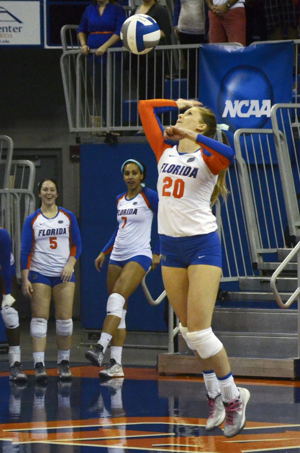 <p>Defensive Specialist Nikki O'Rourke serves during Florida's 3-1 win against Miami in the second round of the NCAA Tournament on Dec. 6 in the O'Connell Center.</p>