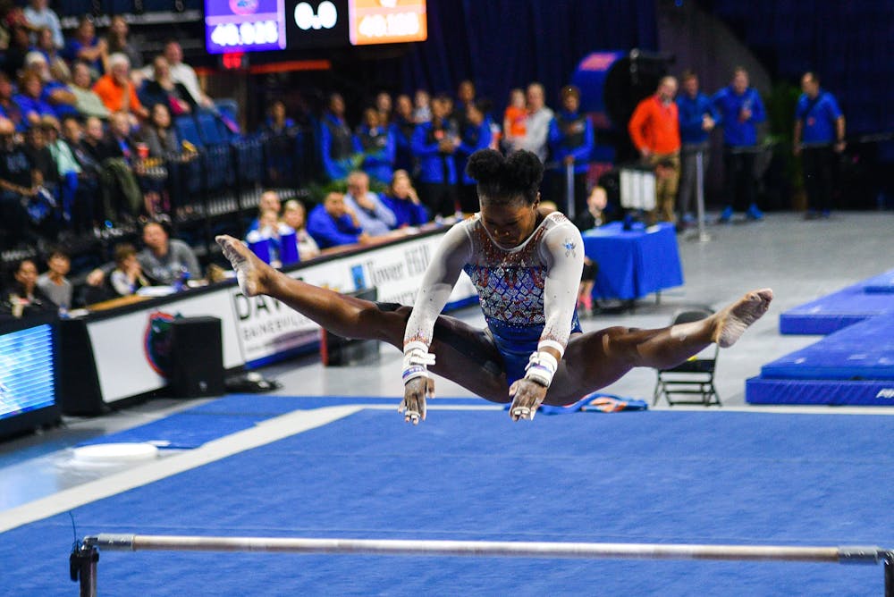 <p>Senior Alicia Boren scored a 9.950 on the uneven bars and a 9.925 on her floor routine in the No. 3 Gator's win over Kentucky on Friday.</p>