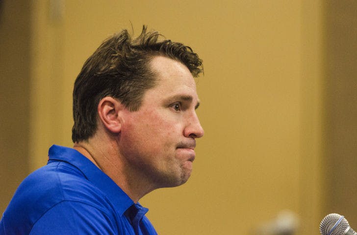 Will Muschamp speaks at a press conference following Florida’s 23-20 loss to Georgia on Saturday at EverBank Field in Jacksonville. The Gators have lost three straight games and are in jeopardy of failing to become bowl eligible.