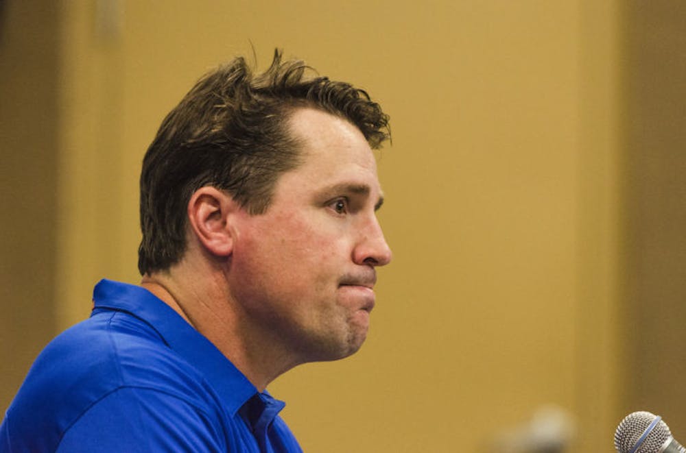 <p>Will Muschamp speaks at a press conference following Florida’s 23-20 loss to Georgia on Saturday at EverBank Field in Jacksonville. The Gators have lost three straight games and are in jeopardy of failing to become bowl eligible.</p>