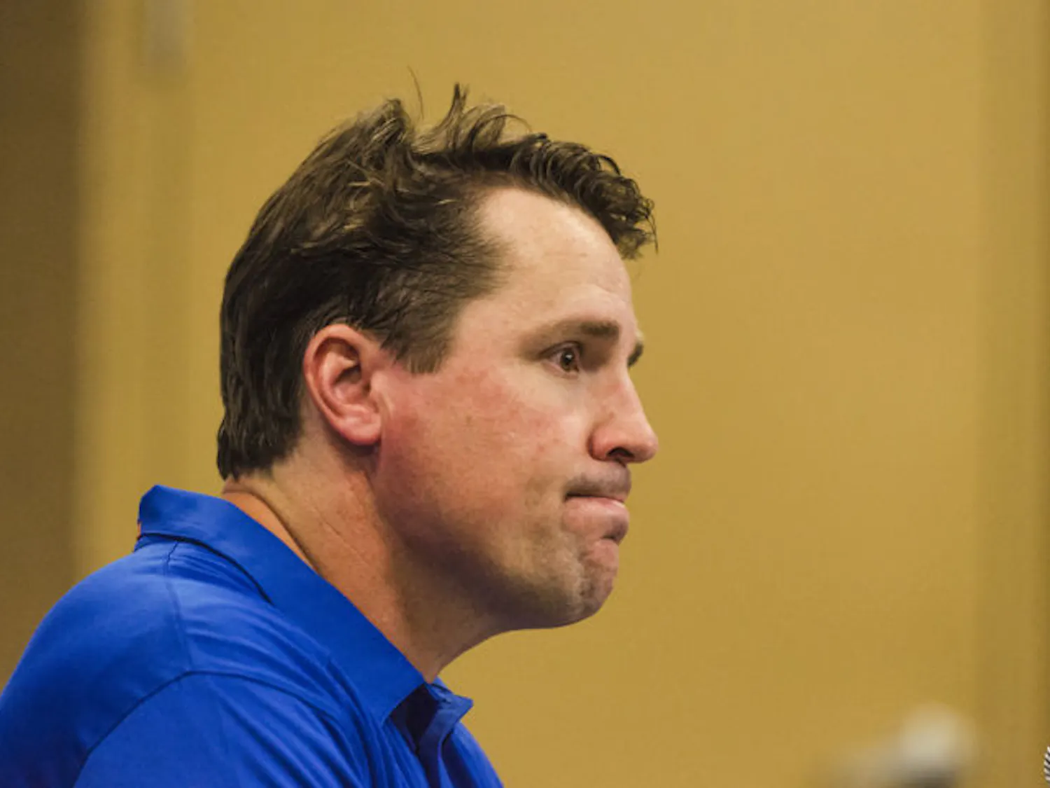 Will Muschamp speaks at a press conference following Florida’s 23-20 loss to Georgia on Saturday at EverBank Field in Jacksonville. The Gators have lost three straight games and are in jeopardy of failing to become bowl eligible.