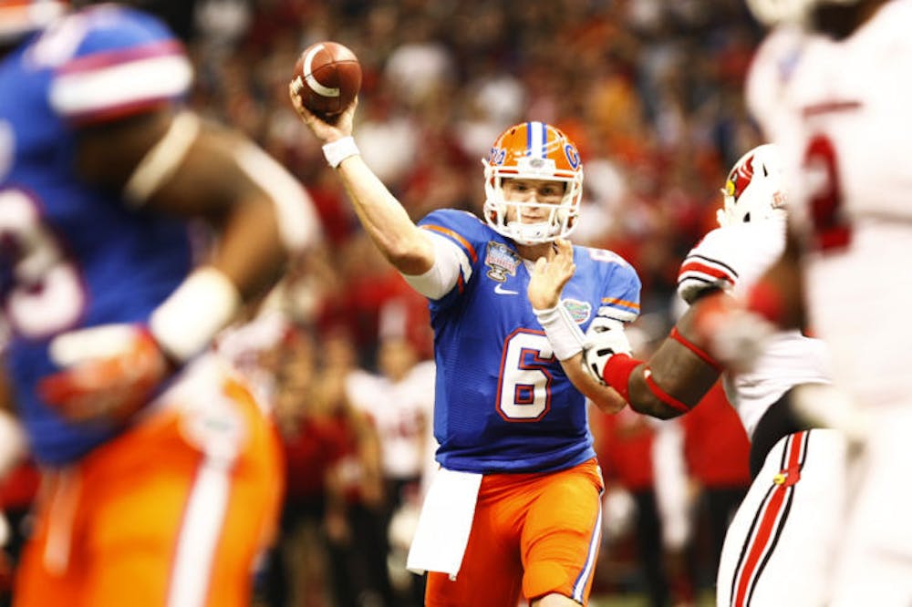 <p class="p1"><span class="s1">Quarterback Jeff Driskel attempts a pass during Florida’s 33-23 loss to Louisville on Jan. 2 at the Superdome in New Orleans. This season will be Driskel’s second as UF’s starting signal-caller.</span></p>