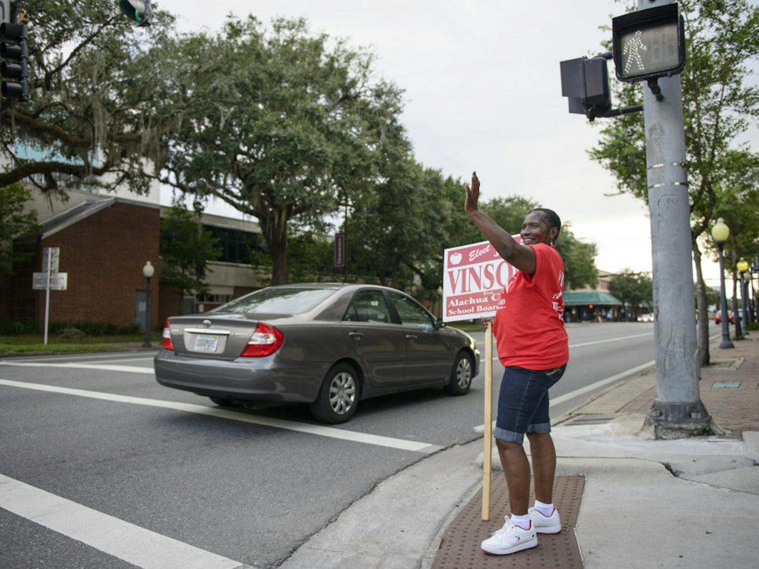 ELECTIONS - Jackie Showers stands outside the Alachua County Supervisor of Elections Office Tuesday evening.