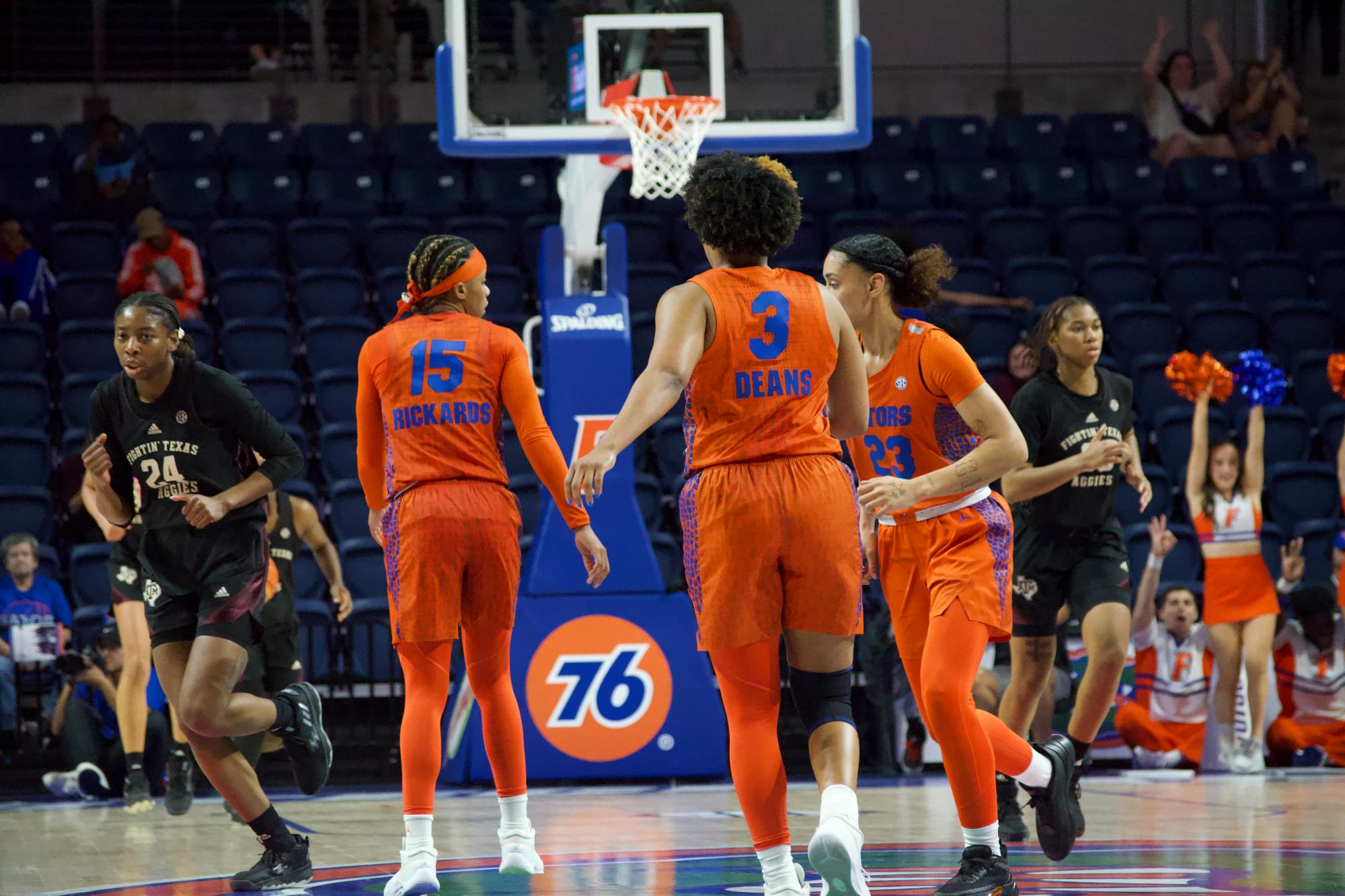 Florida guards Nina Rickards, KK Dean and Leilani Correa walk back on defense in the Gators&#x27; 61-54 win against the Texas A&amp;M Aggies Thursday, Feb. 2, 2023﻿