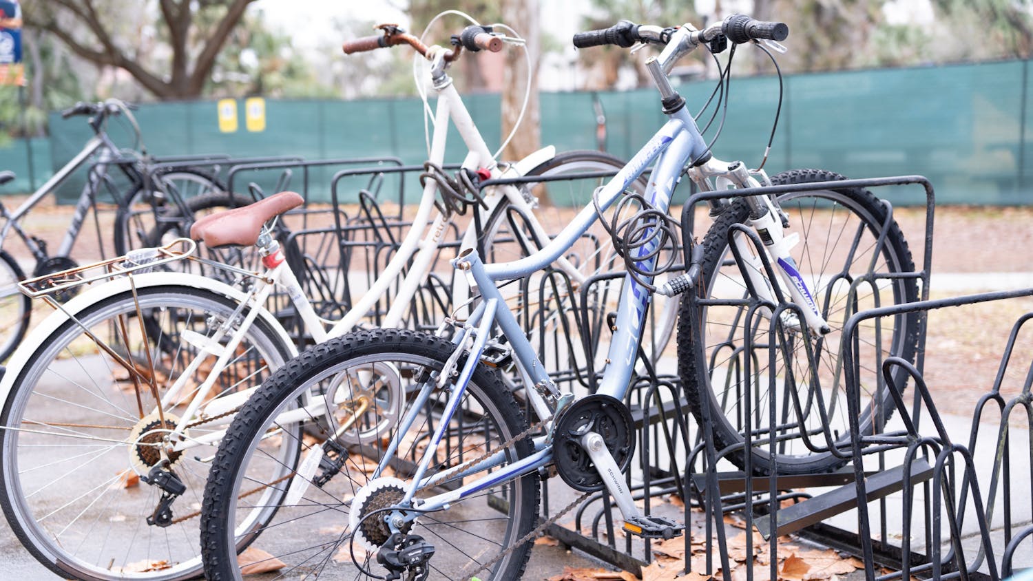 Two bikes chained to the rack outside of Marston Science Library on Sunday, Feb. 4, 2023.