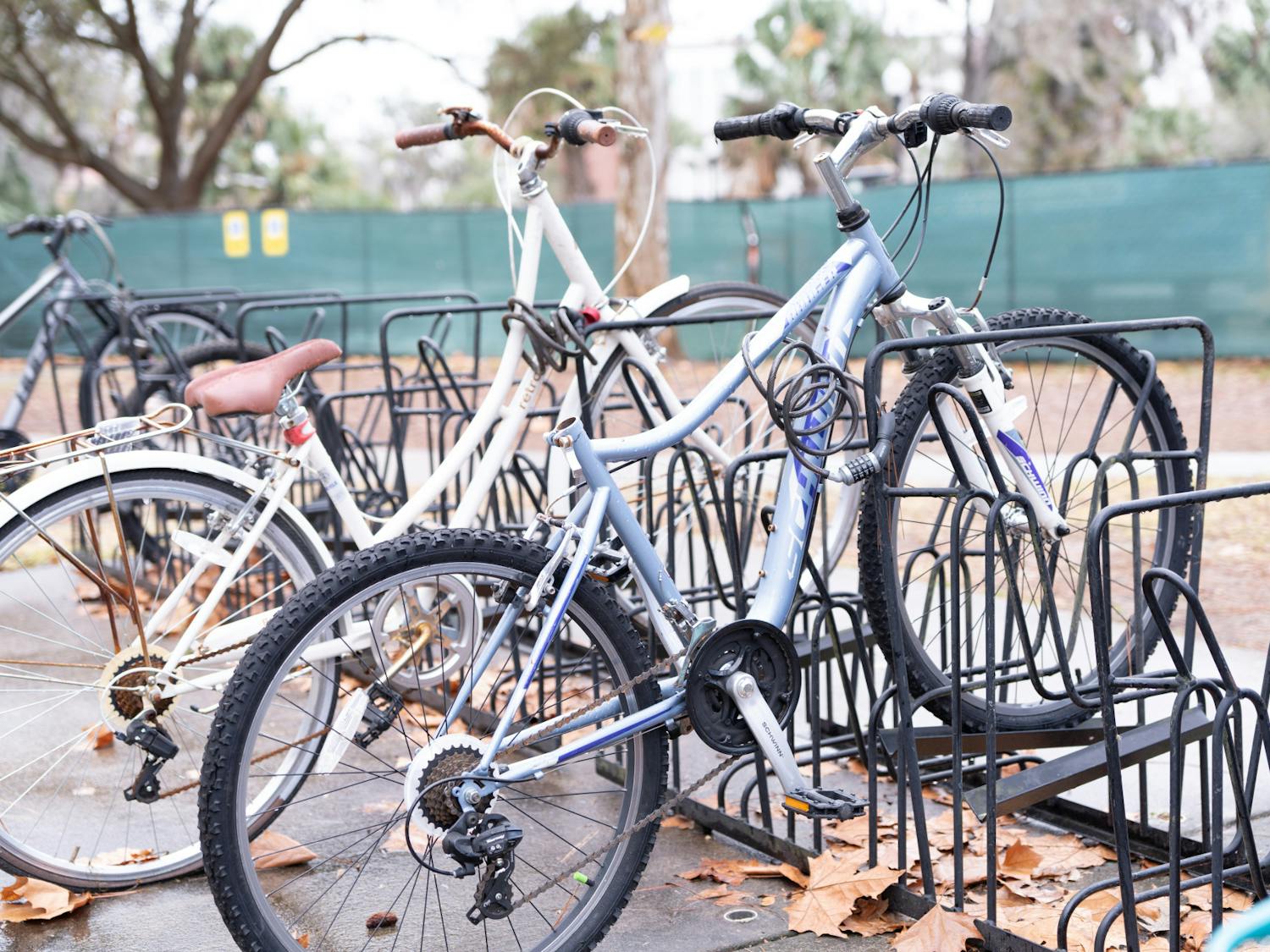 Two bikes chained to the rack outside of Marston Science Library on Sunday, Feb. 4, 2023.