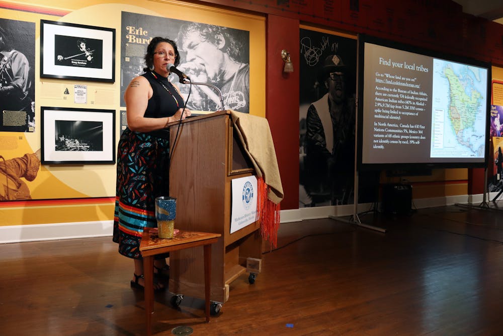 <p>Nicole Nesberg presents a lecture about the lives of Native Americans in North Florida at the Matheson History Museum Sunday, Nov. 13, 2022.</p>