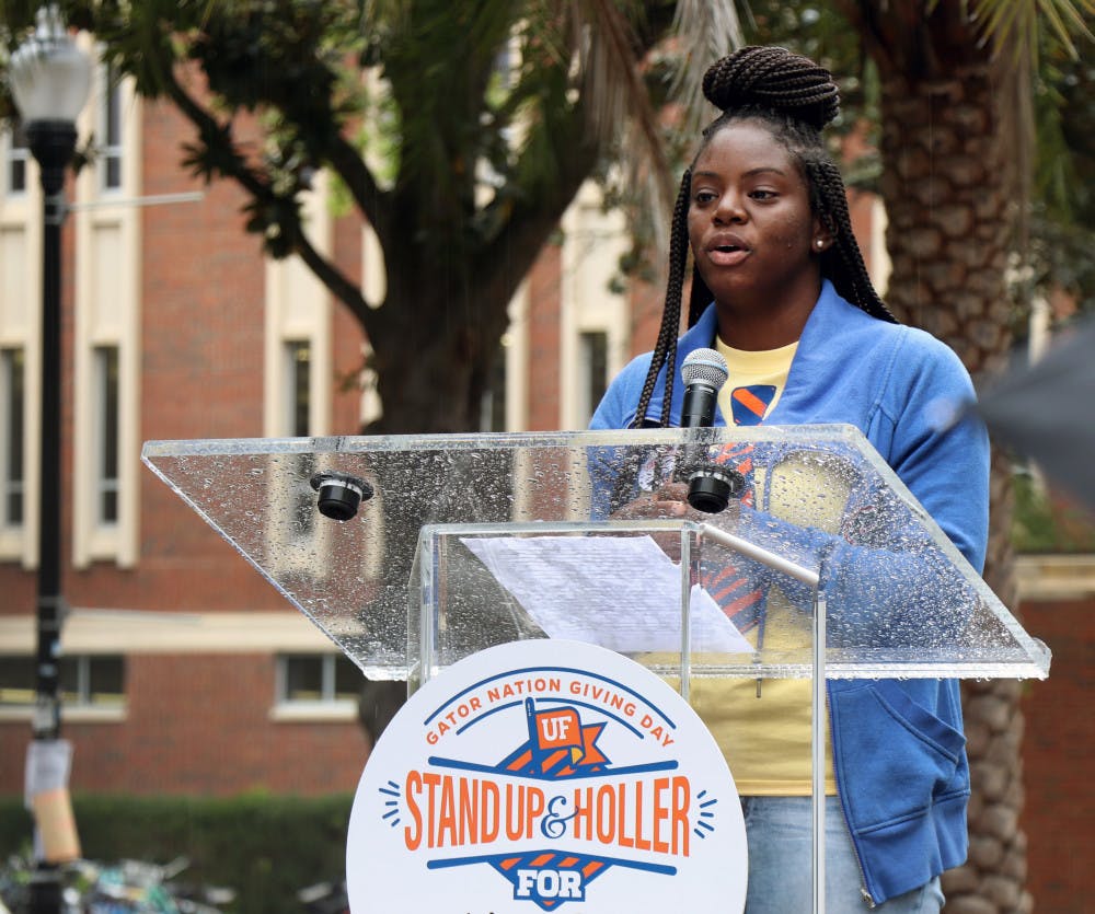 <p dir="ltr"><span>Akiya Parks, a first-generation student and Machen Florida Opportunity Scholar, addresses the crowd on the Plaza of the Americas Feb. 26, 2019, for the “Stand Up and Holler: Gator Nation Giving Day.”</span></p><p><span> </span></p>