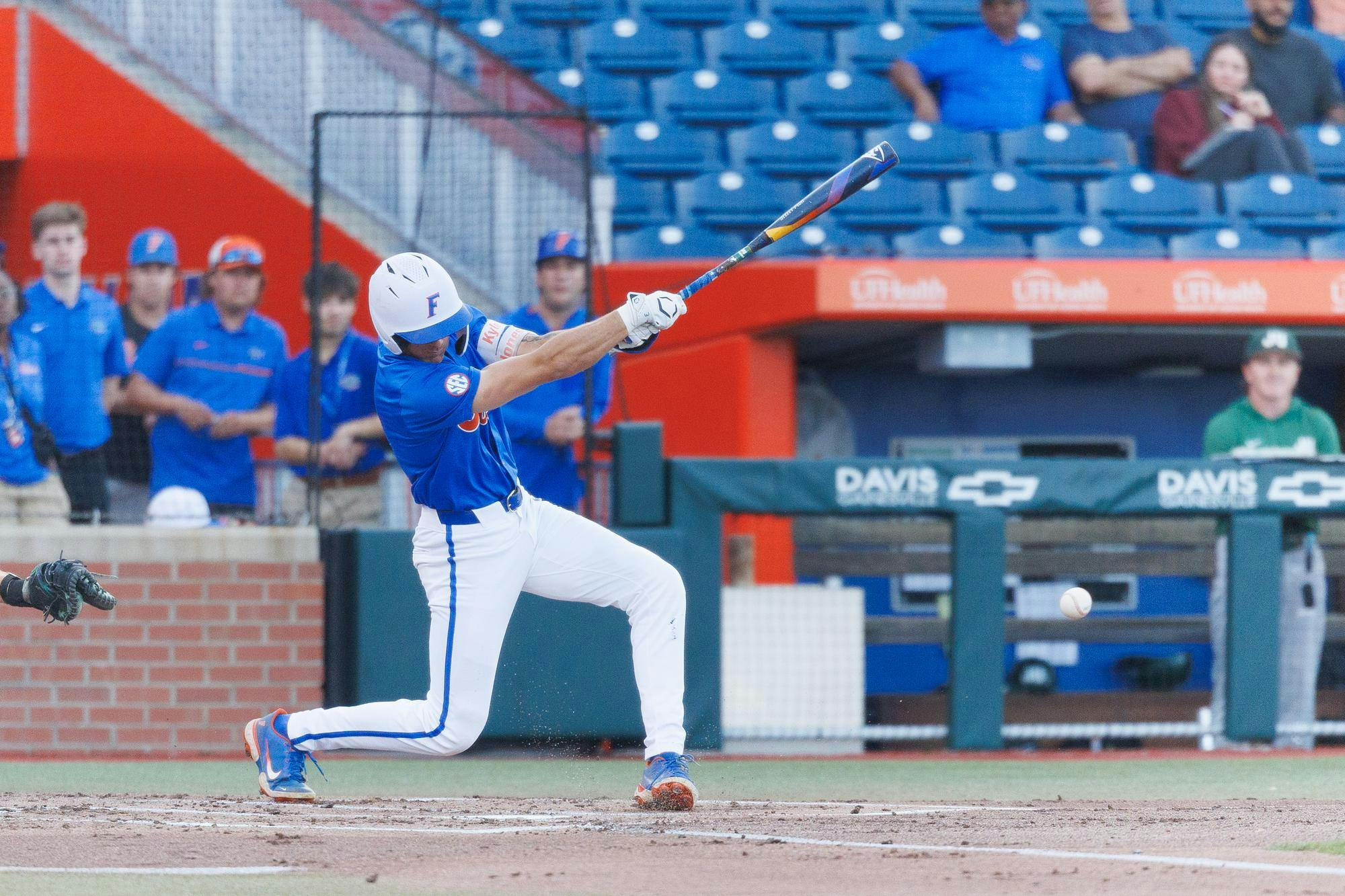 Florida outfielder Kyle Jones (3) hits the ball during an NCAA baseball game against Jacksonville University, Tuesday, March 31, 2026, in Gainesville, Fla.