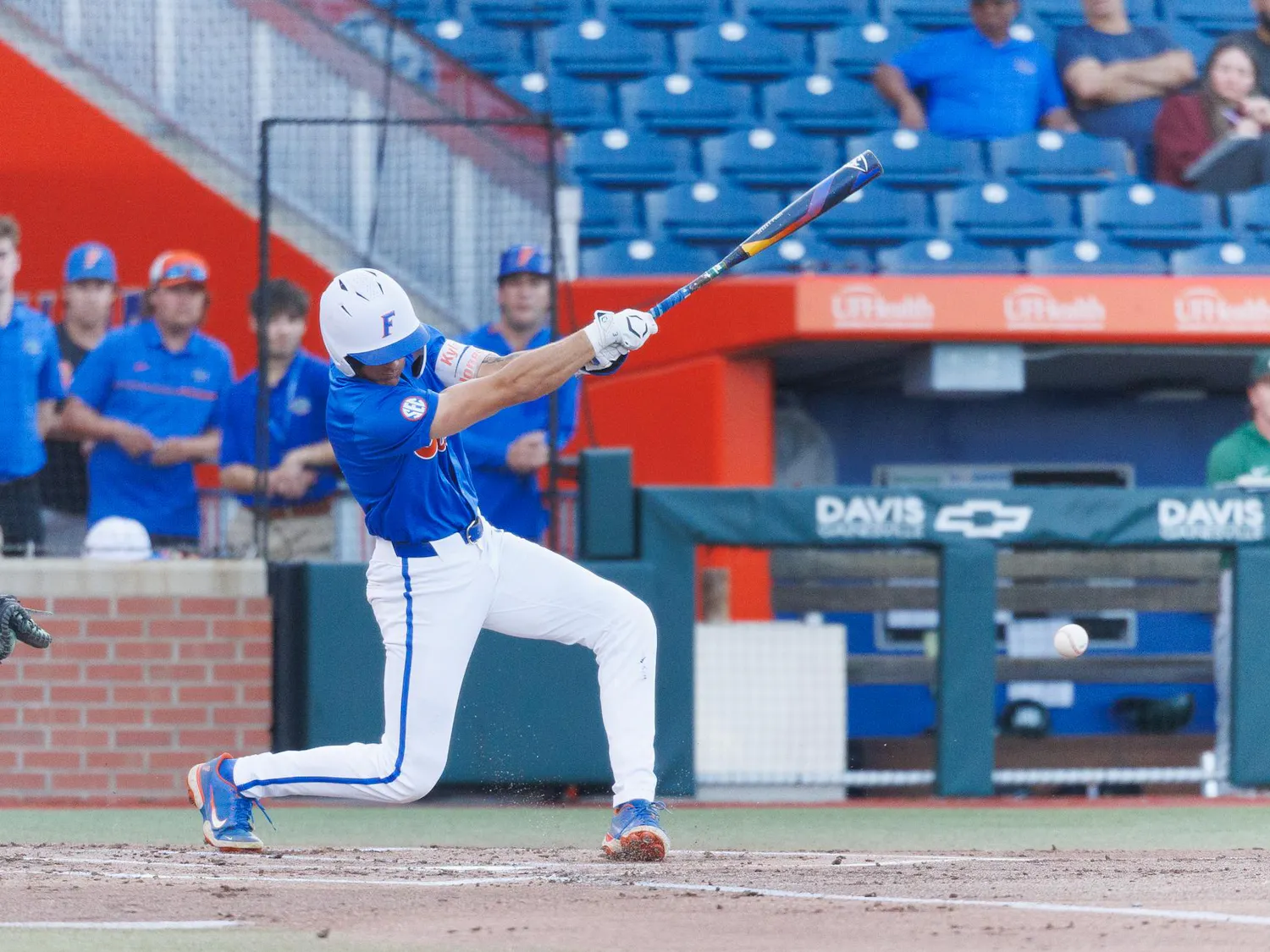 Florida outfielder Kyle Jones (3) hits the ball during an NCAA baseball game against Jacksonville University, Tuesday, March 31, 2026, in Gainesville, Fla.